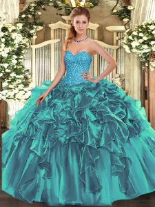 Sophisticated Beading and Ruffles Quince Ball Gowns Teal Lace Up Sleeveless Floor Length