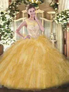 Vintage Gold Ball Gowns Organza Scoop Sleeveless Beading and Ruffles Floor Length Zipper Quinceanera Dresses