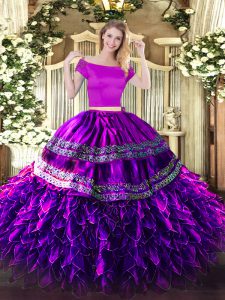 Great Eggplant Purple Zipper Off The Shoulder Embroidery and Ruffles Sweet 16 Dresses Organza and Taffeta Short Sleeves