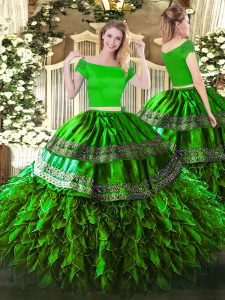 Excellent Green Off The Shoulder Neckline Embroidery and Ruffles Quince Ball Gowns Short Sleeves Zipper