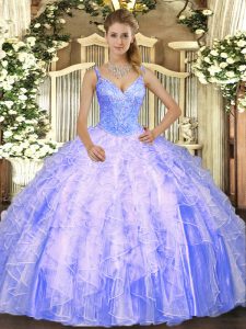 Excellent Sleeveless Floor Length Beading and Ruffles Lace Up Sweet 16 Dresses with Lavender