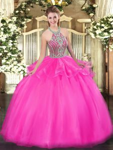 Comfortable Hot Pink Ball Gown Prom Dress Military Ball and Sweet 16 and Quinceanera with Beading and Ruffles Halter Top Sleeveless Lace Up