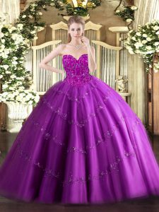 Sleeveless Floor Length Beading Lace Up Quinceanera Gowns with Fuchsia