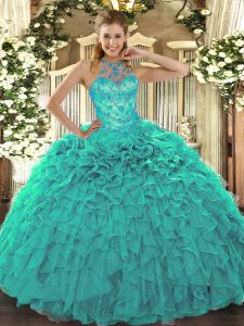 Turquoise Ball Gowns Beading and Embroidery and Ruffles Sweet 16 Dress Lace Up Organza Sleeveless Floor Length