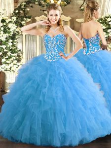 High Class Aqua Blue Sweet 16 Dresses Military Ball and Sweet 16 and Quinceanera with Beading and Ruffles Sweetheart Sleeveless Lace Up