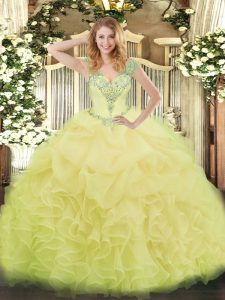 V-neck Sleeveless Sweet 16 Dress Floor Length Beading and Ruffles and Pick Ups Yellow Organza