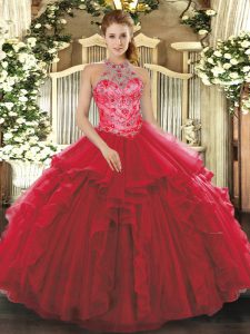 Clearance Floor Length Lace Up Quinceanera Gowns Coral Red for Military Ball and Sweet 16 and Quinceanera with Beading and Embroidery and Ruffles