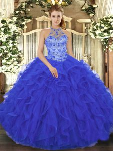 Free and Easy Royal Blue Lace Up Halter Top Beading and Embroidery and Ruffles Ball Gown Prom Dress Organza Sleeveless