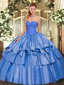 Edgy Sleeveless Floor Length Beading and Ruffled Layers Lace Up Sweet 16 Dress with Blue