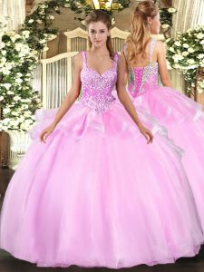 Clearance Pink Ball Gowns Straps Sleeveless Organza Floor Length Lace Up Beading Quinceanera Dresses