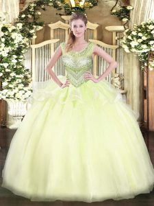 Fantastic Light Yellow Organza Lace Up Sweet 16 Dress Sleeveless Floor Length Beading