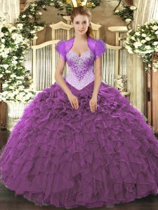 Eggplant Purple Sweetheart Neckline Beading and Ruffles Sweet 16 Dresses Sleeveless Lace Up