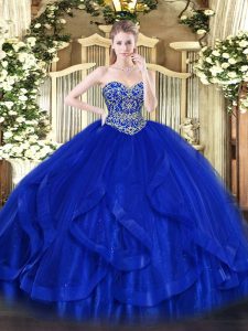 Sweet Sleeveless Tulle Floor Length Lace Up 15th Birthday Dress in Royal Blue with Ruffles