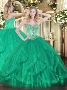 Vintage Turquoise Sleeveless Beading and Ruffles Floor Length 15 Quinceanera Dress