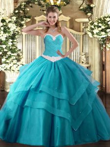 Free and Easy Teal Ball Gowns Appliques and Ruffled Layers Ball Gown Prom Dress Lace Up Tulle Sleeveless Floor Length