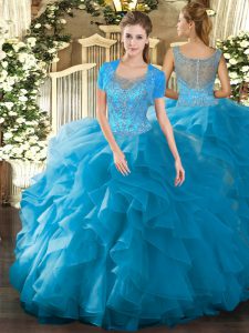 Exquisite Floor Length Ball Gowns Sleeveless Teal Custom Made Clasp Handle