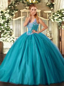 Beauteous Teal Ball Gowns Straps Sleeveless Tulle Floor Length Lace Up Beading Sweet 16 Quinceanera Dress