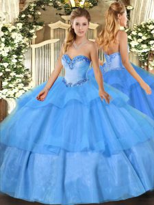 Fine Tulle Sweetheart Sleeveless Lace Up Beading and Ruffled Layers Sweet 16 Quinceanera Dress in Baby Blue
