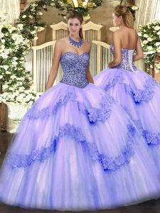 Sleeveless Floor Length Beading and Appliques and Ruffles Lace Up 15th Birthday Dress with Lavender