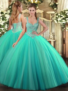 Tulle V-neck Sleeveless Lace Up Beading Quince Ball Gowns in Turquoise