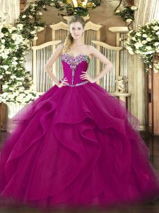 Customized Sleeveless Floor Length Beading and Ruffles Lace Up Quinceanera Dresses with Fuchsia