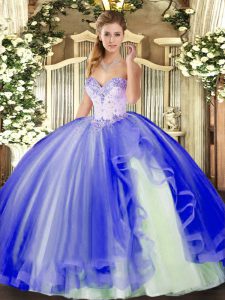 Deluxe Blue Ball Gowns Tulle Sweetheart Sleeveless Beading and Ruffles Floor Length Lace Up Quinceanera Dress