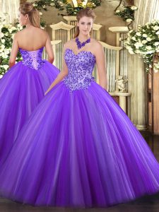 Floor Length Lace Up Quince Ball Gowns Eggplant Purple for Military Ball and Sweet 16 and Quinceanera with Appliques