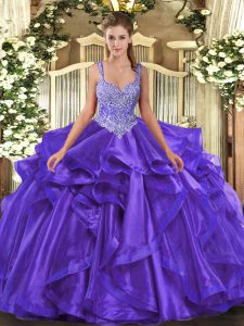 Clearance Purple Sleeveless Organza Lace Up Sweet 16 Dresses for Military Ball and Sweet 16 and Quinceanera