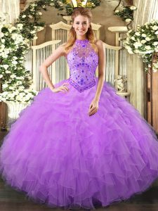 Lavender Ball Gowns Beading and Ruffles 15 Quinceanera Dress Lace Up Organza Sleeveless Floor Length