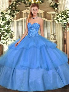 Popular Baby Blue Sleeveless Tulle Lace Up Quince Ball Gowns for Military Ball and Sweet 16 and Quinceanera