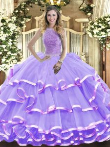 Floor Length Lavender Sweet 16 Quinceanera Dress Organza Sleeveless Beading and Ruffled Layers