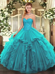 Trendy Floor Length Lace Up 15th Birthday Dress Teal for Military Ball and Sweet 16 and Quinceanera with Beading and Ruffles