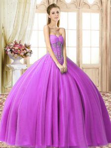Most Popular Lilac Tulle Lace Up Quinceanera Dress Sleeveless Floor Length Beading