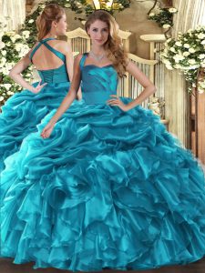 Romantic Halter Top Sleeveless Lace Up Quinceanera Dresses Teal Organza