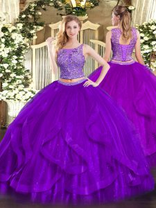Inexpensive Scoop Sleeveless Organza Military Ball Gown Beading and Ruffles Lace Up