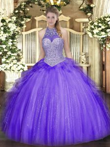 Wonderful Sleeveless Tulle Floor Length Lace Up Ball Gown Prom Dress in Lavender with Beading and Ruffles
