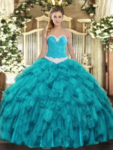 Teal Lace Up Quinceanera Dress Appliques and Ruffles Sleeveless Floor Length
