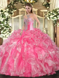 Cute Rose Pink Sleeveless Floor Length Beading and Ruffles Lace Up Sweet 16 Dresses