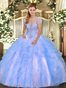 Delicate Baby Blue Ball Gowns Tulle Strapless Sleeveless Appliques and Ruffles Floor Length Lace Up 15 Quinceanera Dress