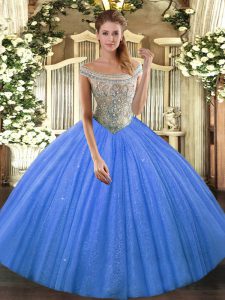 Baby Blue Off The Shoulder Lace Up Beading Sweet 16 Dresses Sleeveless