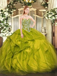 Floor Length Lace Up Sweet 16 Dress Olive Green for Military Ball and Sweet 16 and Quinceanera with Beading and Ruffles