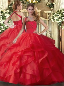 Traditional Red Sleeveless Floor Length Ruffles Lace Up 15th Birthday Dress