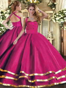 Hot Pink Ball Gowns Halter Top Sleeveless Tulle Floor Length Lace Up Ruffled Layers Sweet 16 Dress