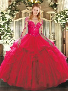 Free and Easy Long Sleeves Tulle Floor Length Lace Up Quinceanera Gowns in Red with Lace and Ruffles