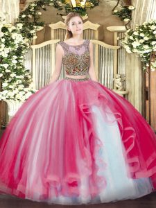 Elegant Scoop Sleeveless Lace Up Sweet 16 Quinceanera Dress Coral Red Tulle