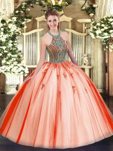 Exceptional Ball Gowns Juniors Party Dress Coral Red Halter Top Tulle Sleeveless Floor Length Lace Up