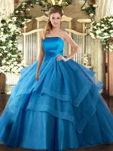 Baby Blue Ball Gowns Strapless Sleeveless Tulle Floor Length Lace Up Ruffled Layers Sweet 16 Quinceanera Dress