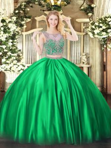 Excellent Floor Length Green Quinceanera Gowns Satin Sleeveless Beading
