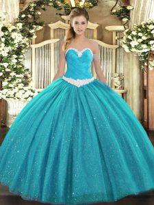 Deluxe Teal Tulle Lace Up Sweet 16 Dress Sleeveless Floor Length Appliques