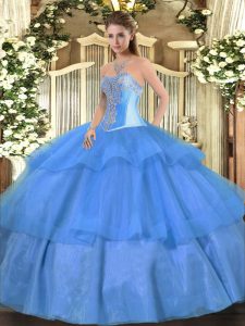 Luxurious Baby Blue Lace Up Sweetheart Beading and Ruffled Layers Sweet 16 Dresses Tulle Sleeveless